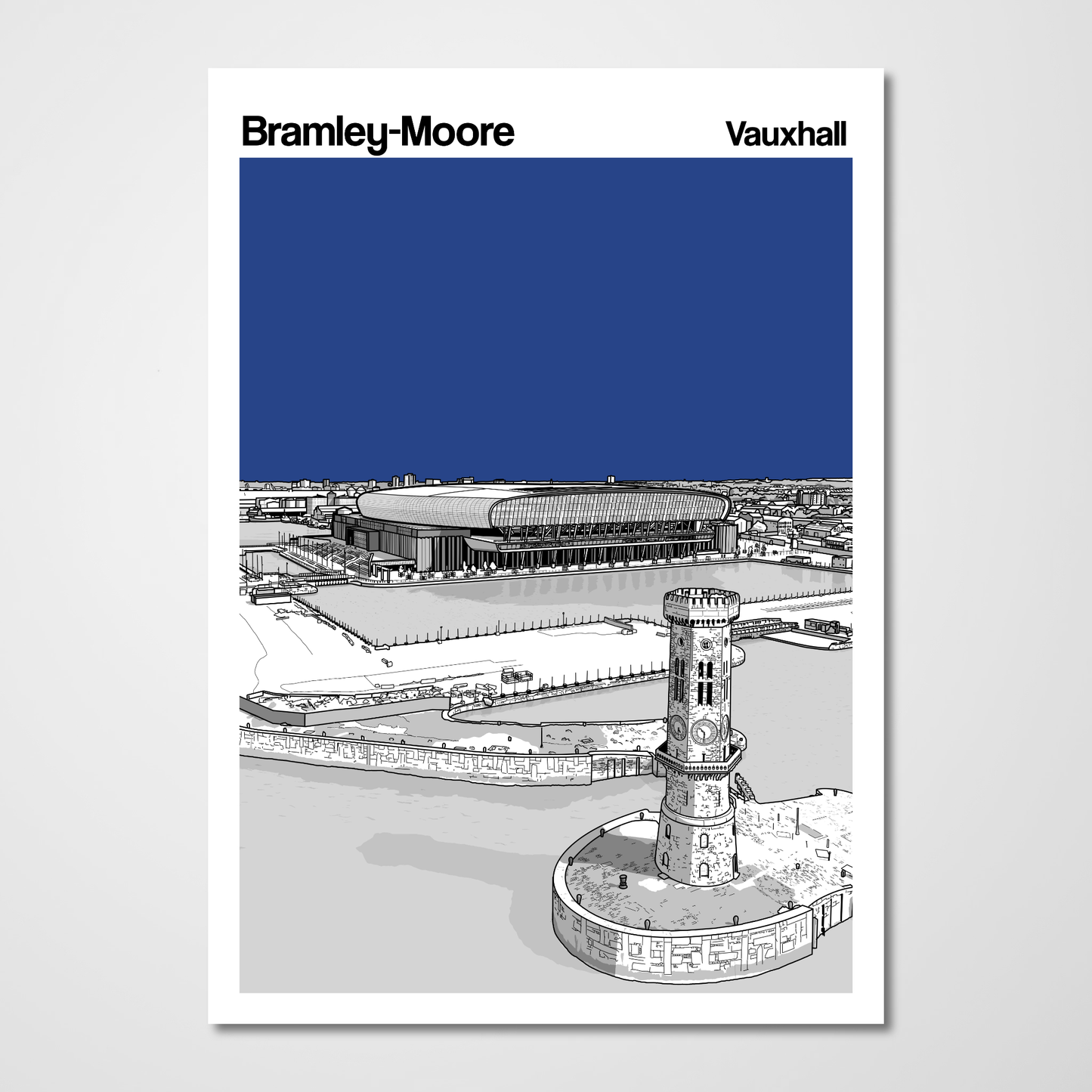 Poster of Bramley-Moore Dock with a blue sky and black and white dock layout.
