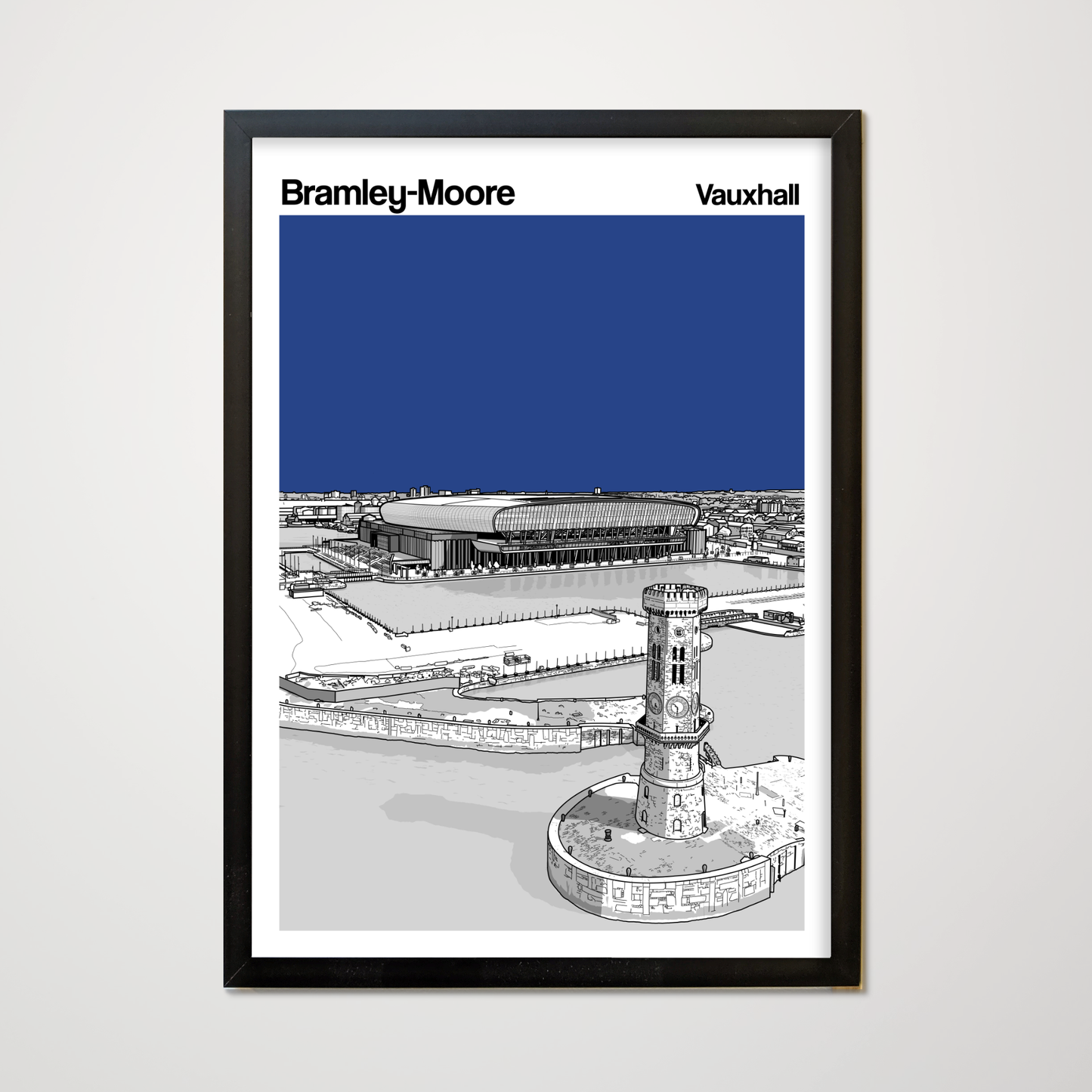 Framed artwork of Bramley Moore Dock with a blue sky background