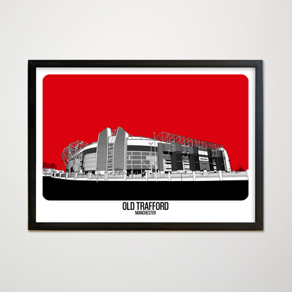 Framed artwork of Old Trafford stadium with a red background