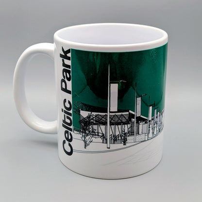 White mug with a graphic design of Celtic Park stadium on a gray background