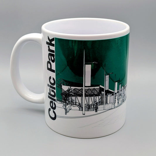 White mug with a graphic design of Celtic Park stadium on a gray background