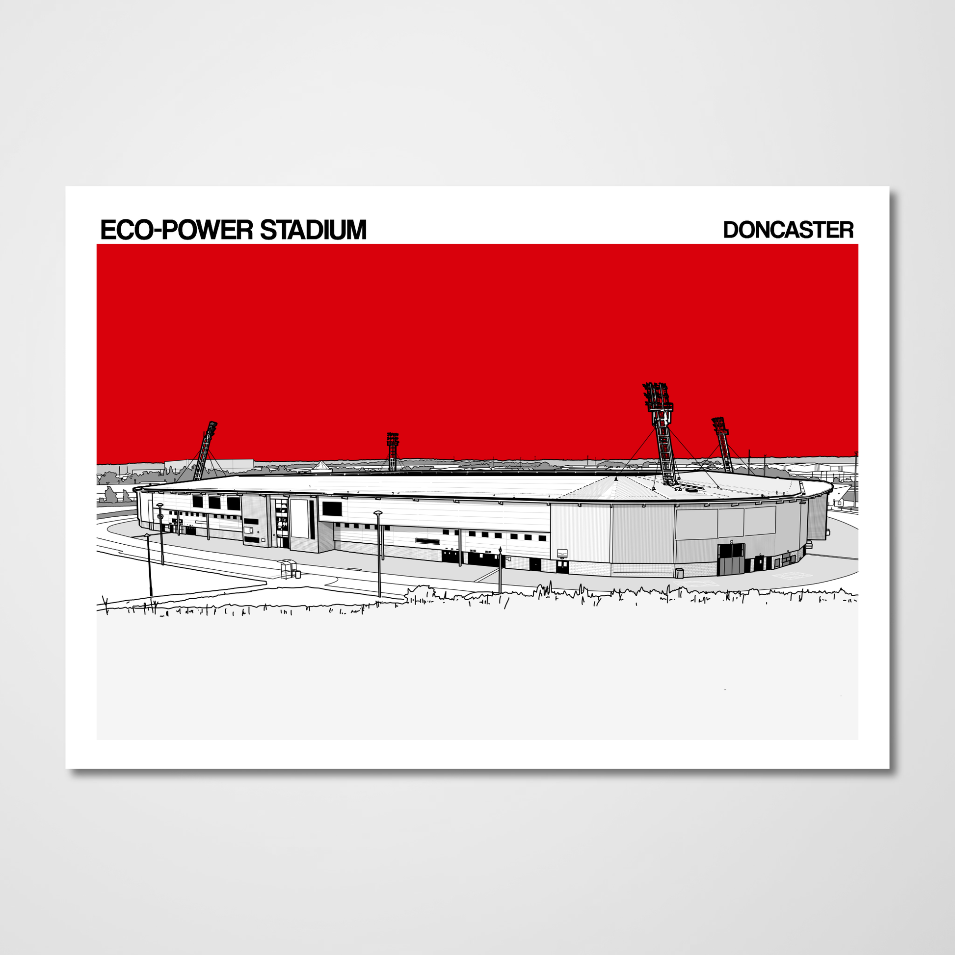 Illustration of Eco-Power Stadium with a red background