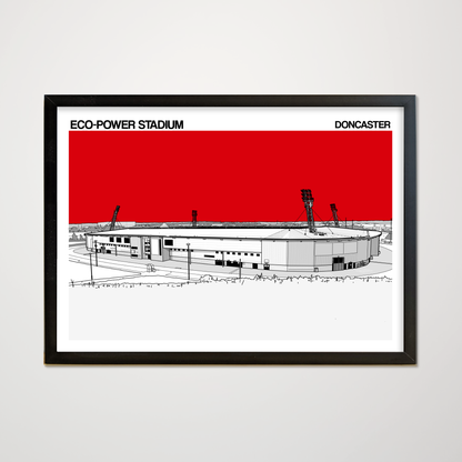 Framed artwork of Eco-Power Stadium with a red background