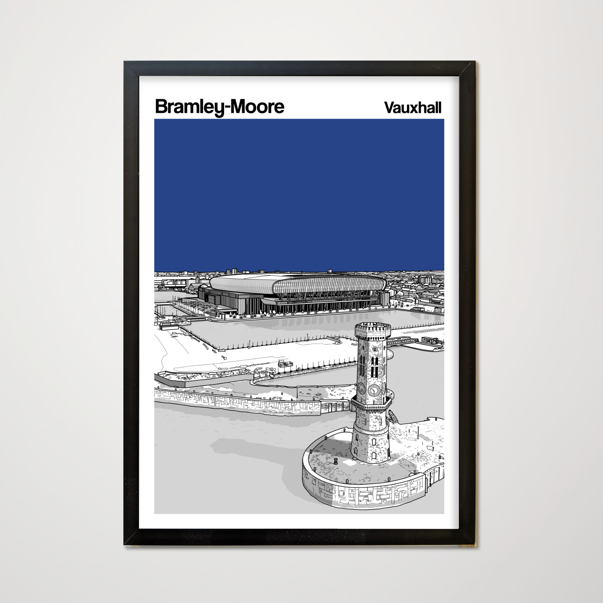 Framed artwork of Bramley Moore Dock with a blue sky background