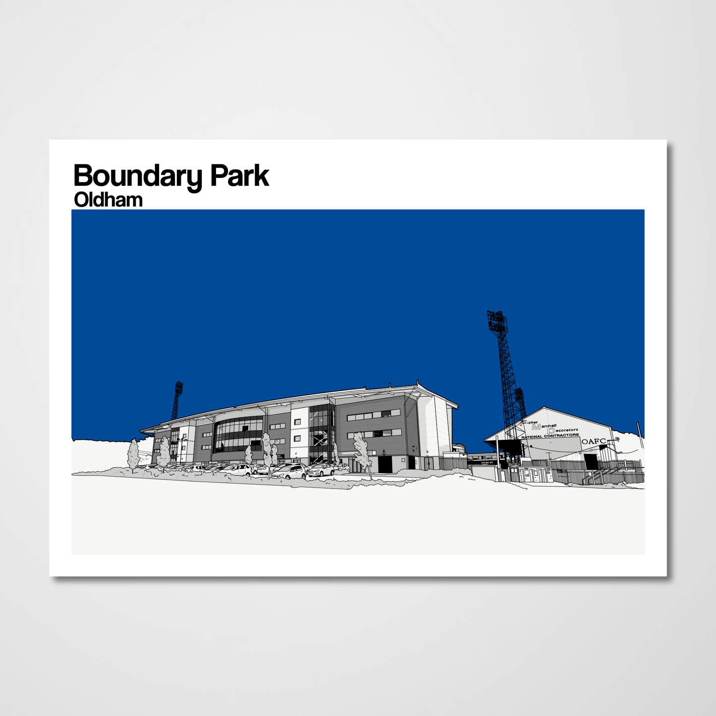 Illustration of a building with 'Boundary Park Oldham' text on a blue background