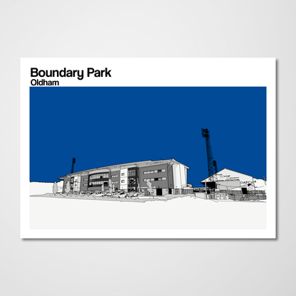 Illustration of a building with 'Boundary Park Oldham' text on a blue background