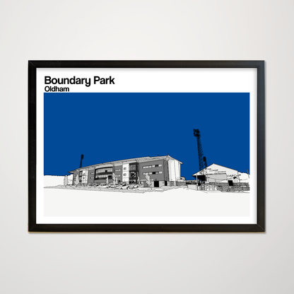 Framed artwork of Boundary Park stadium in Oldham with a blue sky background.