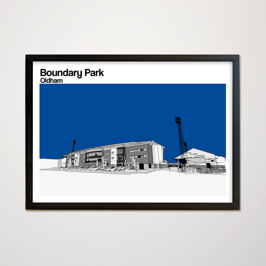 Framed artwork of Boundary Park stadium in Oldham with a blue sky background.