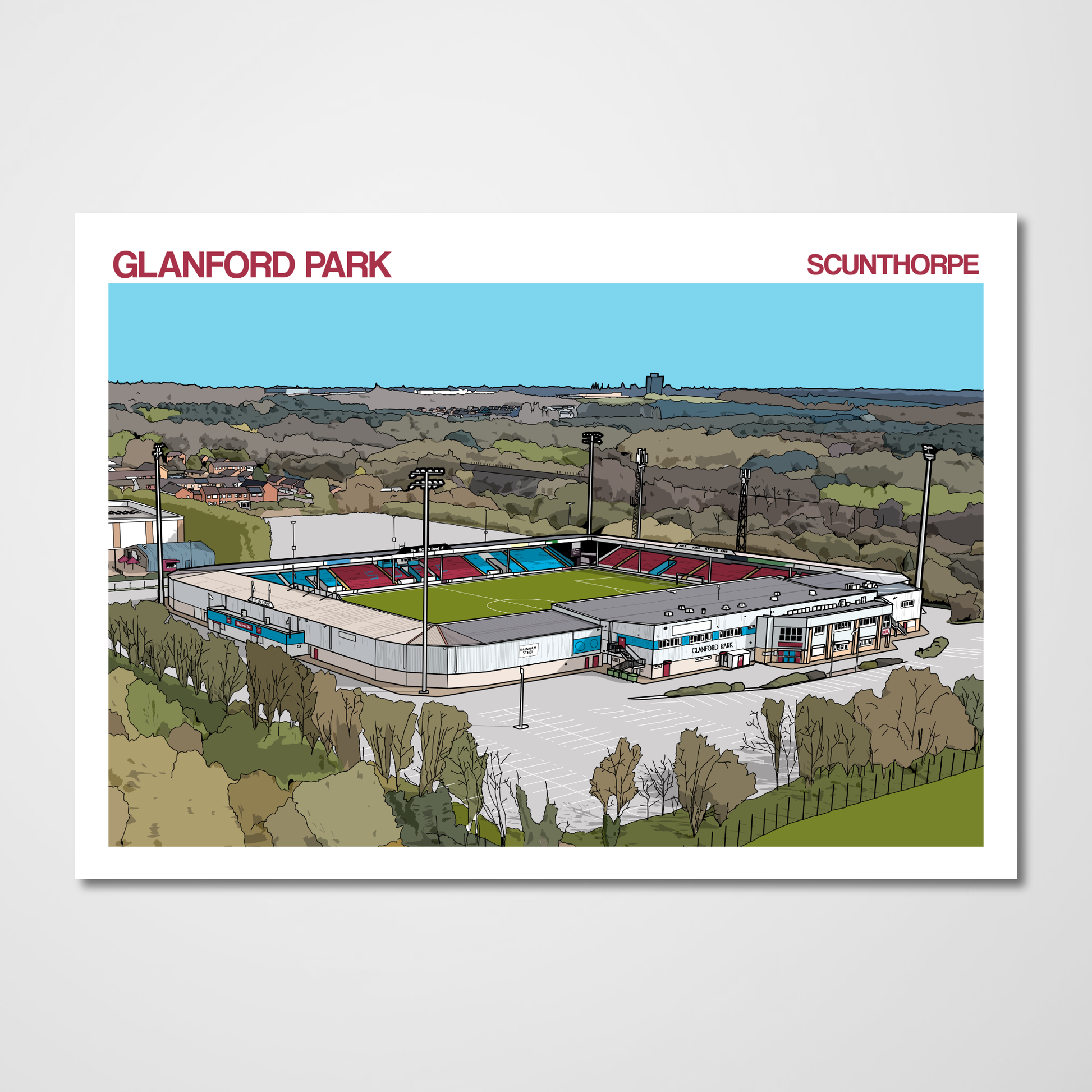 Illustration of Glanford Park in Scunthorpe with text at the top