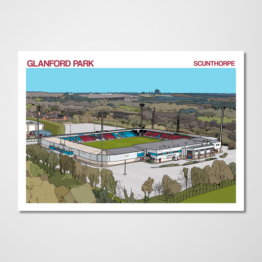 Illustration of Glanford Park in Scunthorpe with text at the top